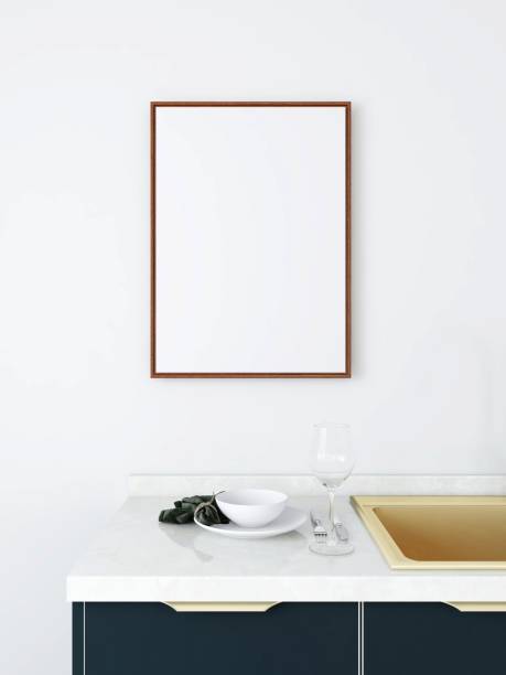 istock Vertical frame mockup in a kitchen with decor and gold dishwasher 2200051122