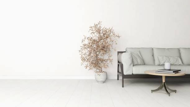 istock Wall mockup with light sofa, ornamental plant and ornate table 2200051513