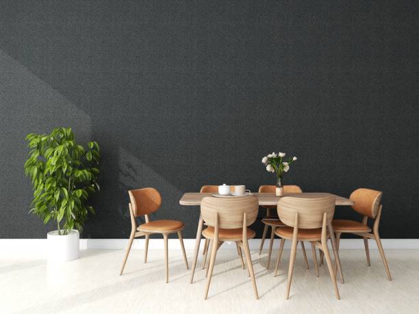 istock Dining room with black wall, ornamental plant and table decoration 2200052607