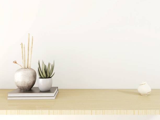 istock White wall mockup with ornamental plants, decorations and books 2200052726