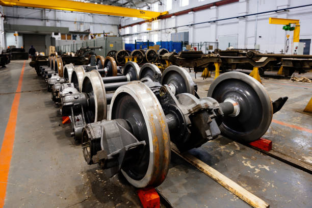 istock Steel train wheels at service in wagon repair workshop 2200052794