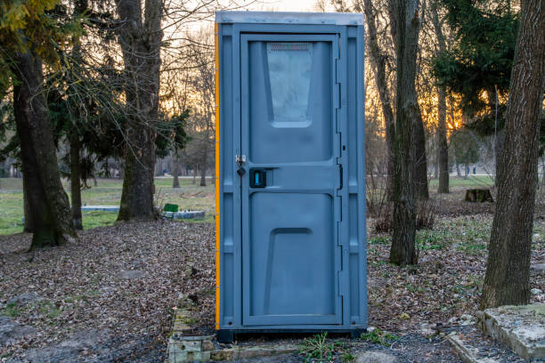 istock A portable restroom stands alone in a park, surrounded by trees as the sun sets, casting soft light over the peaceful surroundings 2200052824