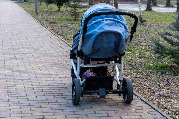 istock A stroller is parked on a brick path in a tranquil park surrounded by trees on a clear, sunny day inviting outdoor relaxation 2200052867