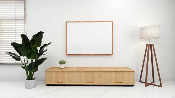 istock Simple living room with ornamental plants, lamp, window and horizontal frame 2200052977