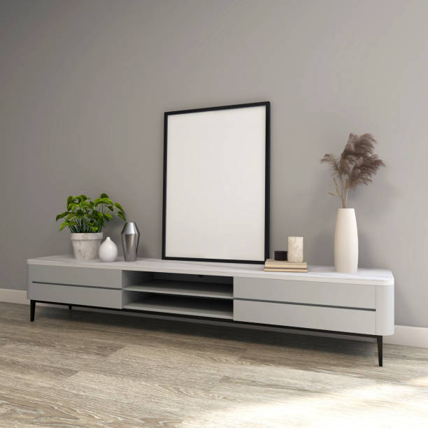 istock Living room with a vertical frame mockup on a TV cabinet with interior decoration 2200060363