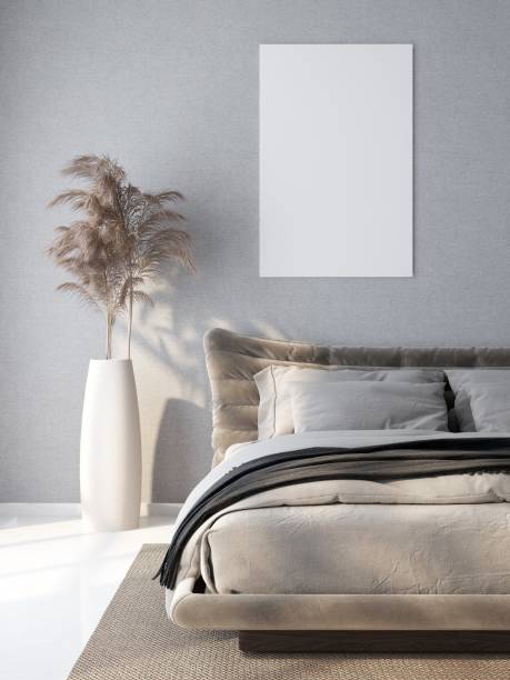 istock Bedroom with vertical frame mockup on a grey wall, modern bed and ornamental plant 2200062242