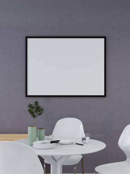 istock Horizontal frame mockup in a dining room with sideboard, table, chairs and table decorations 2200062652