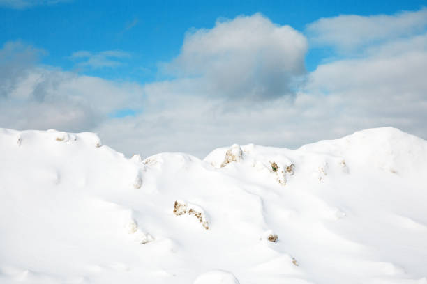 Beautiful winter snow dunes naturally created by blowing snow against cold blue sky and whispy white clouds