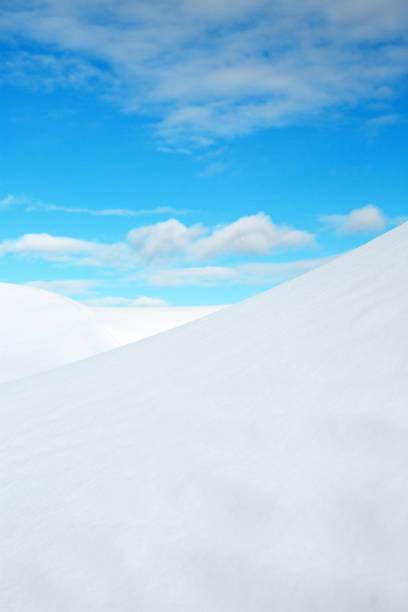Beautiful winter snow dunes naturally created by blowing snow against cold blue sky and whispy white clouds