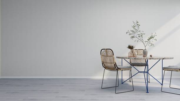 istock White wall mockup with decorated dining table and chairs, horizontal image orientation 2200063111