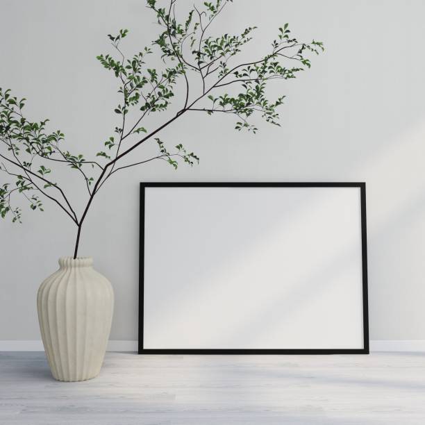 istock Horizontal frame mockup on the floor and ornamental plant on the side 2200063116