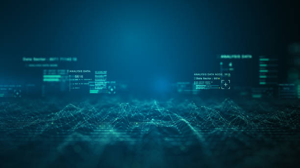 Digital grid with data nodes, lines, and binary code represents blockchain technology network connection, Artificial intelligence, Big data transfer in futuristic technology concept. 3d rendering stock photo