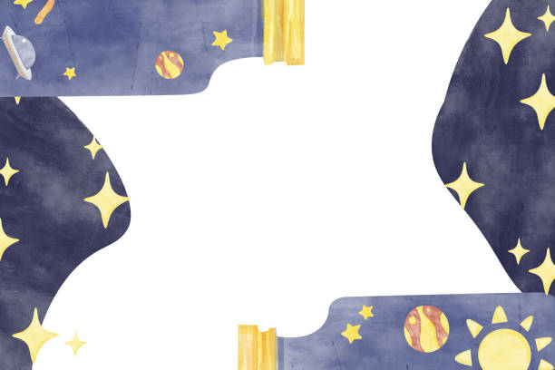 istock Whimsical Space-Themed Border with Solar System and UFO in Jar, Watercolor Illustration Kids Theme for Print, Web and Textile 2200081781