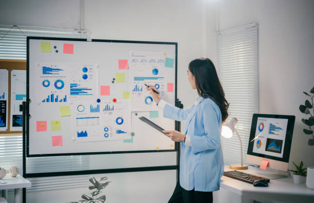 istock Professional female executive reviewing financial data, marking key insights on whiteboard while holding performance clipboard in corporate meeting space 2200085998
