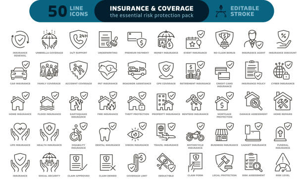 icon-set für versicherungen und risikoschutz. dünne, bearbeitbare strichsymbole für finanzielle sicherheit, personen- und sachversicherung, risikomanagement, rechtsschutz und schadensbearbeitung. - versicherung stock-grafiken, -clipart, -cartoons und -symbole