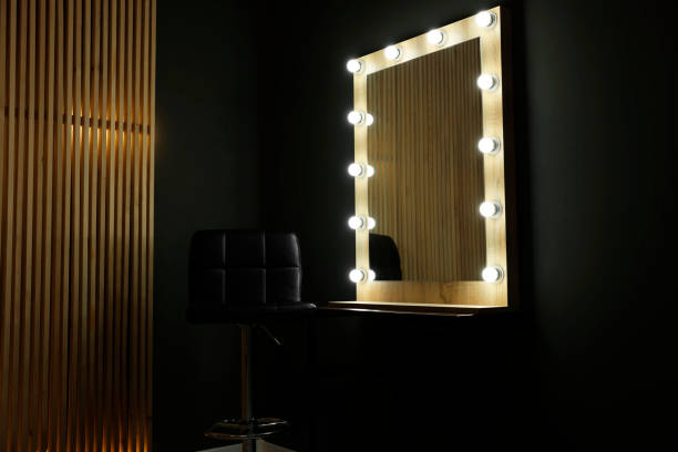 istock Beautiful mirror with light bulbs and chair in makeup room 2200093208