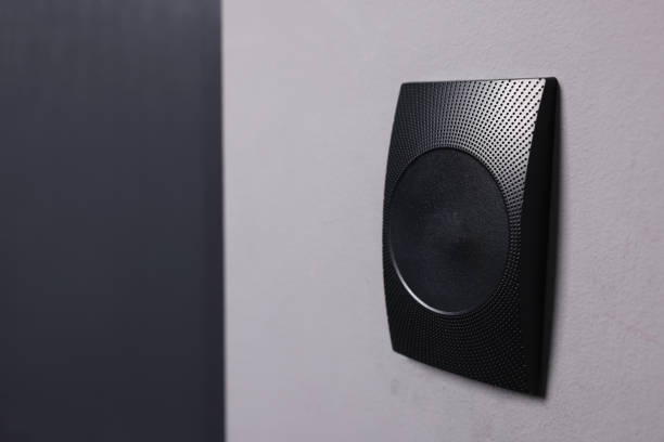 istock Magnetic door lock on grey wall, space for text. Home security 2200095171