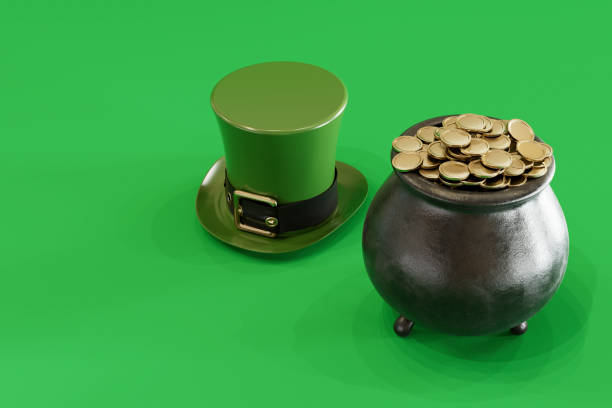 St. Patrick's Day Hat and Pot Of Gold on Green Background. Digitally generated image. 3d render.