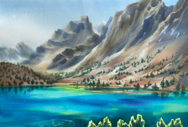 istock Mountain panorama by the lake watercolor background 2200106126