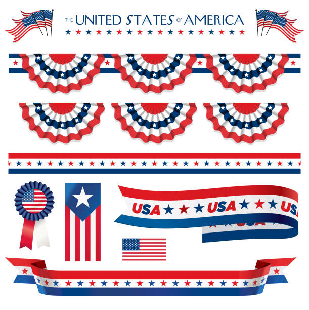 U.S. Holiday style red, white and blue bunting ribbon flags and pleated fan rosettes for 4th of July, Memorial Day, Labor Day election campaigns or anything patriotic and American.