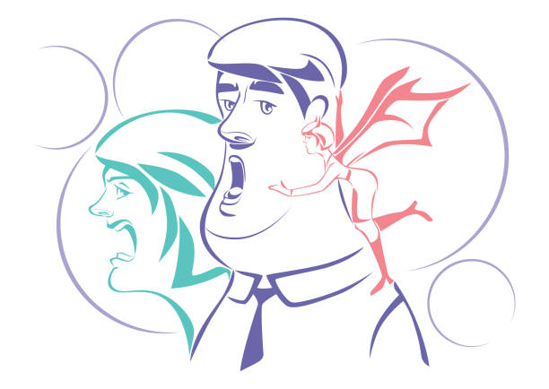 man surprised while being kissed by small evil woman vector illustration of man surprised while being kissed by small evil woman drawing of the man seducing woman stock illustrations