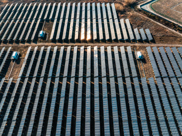 istock Drone view over a field of solar panels 2200109366
