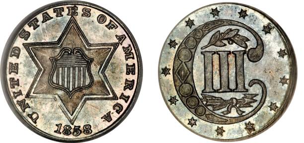 istock United States three Cent type 2 - two lines bordering star year 1858  with white background 2200110606