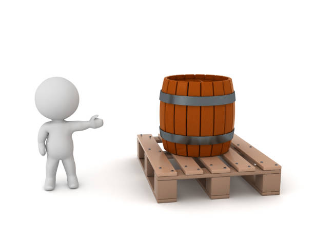 3D Character Showing a Pallet with a Barrel. Isolated on white background.
