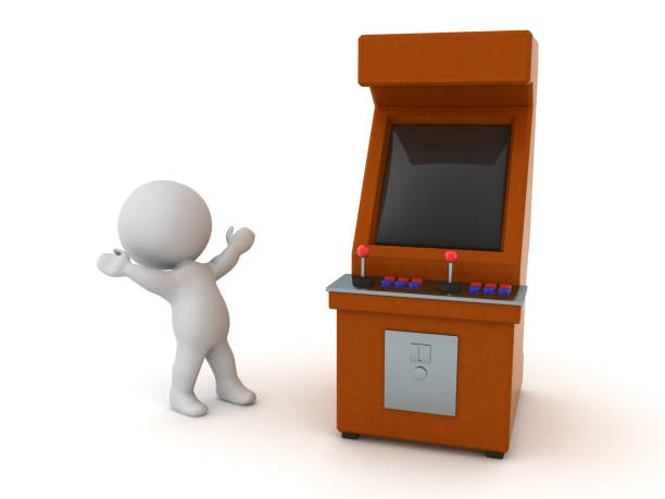 Happy 3D Character with an Arcade Video Game Cabinet. Isolated on white background.