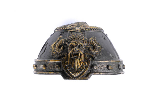 Medieval armor helmet on chainmail - historical warfare gear.