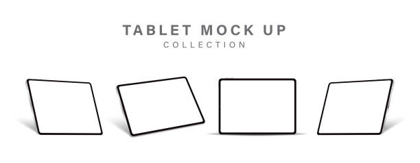 realistisches 3d-tablet-modell mit leerem bildschirm. tablet-vektor isoliert auf weißem hintergrund. tablet-ansichten aus verschiedenen blickwinkeln. vektor-illustration - tablet pc stock-grafiken, -clipart, -cartoons und -symbole