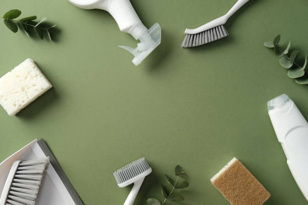 istock Cleaning tools on a green background, including sponges, brushes, spray bottle, and eucalyptus leaves. Ideal for eco-friendly and household cleaning themes. Flat lay, top view. 2200116447