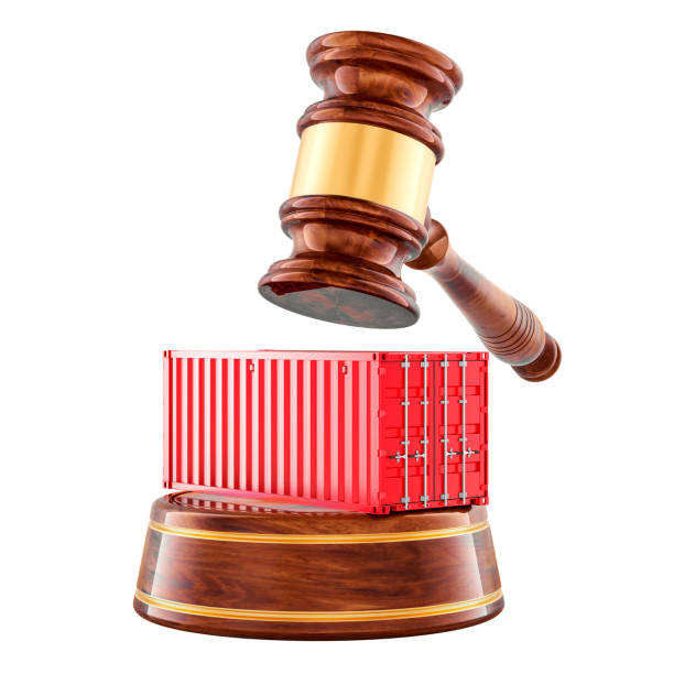 istock Cargo container with wooden gavel. 3D rendering 2200116984