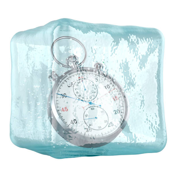 Stopwatch frozen in ice cube. Freeze time concept, 3D rendering isolated on white background