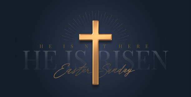 istock He is not here He is Risen, Easter Sunday - lettering quote with 3d gold metal cross. Christian religious design for Resurrection celebrate. Vector illustration. 2200117849
