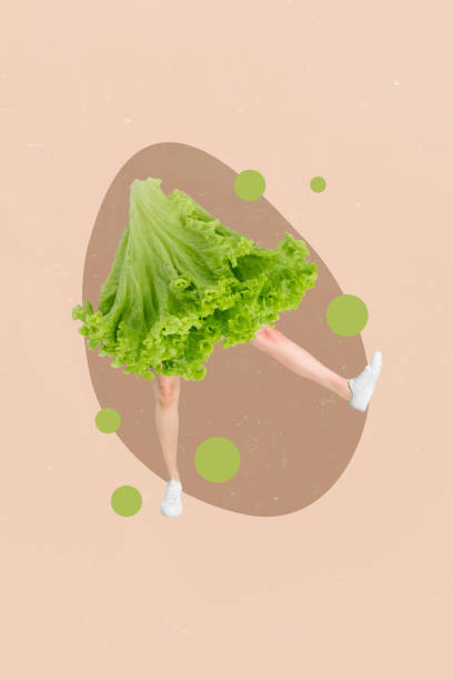 istock Composite vertical collage image of mini girl legs lettuce leaf isolated on creative background 2200119281