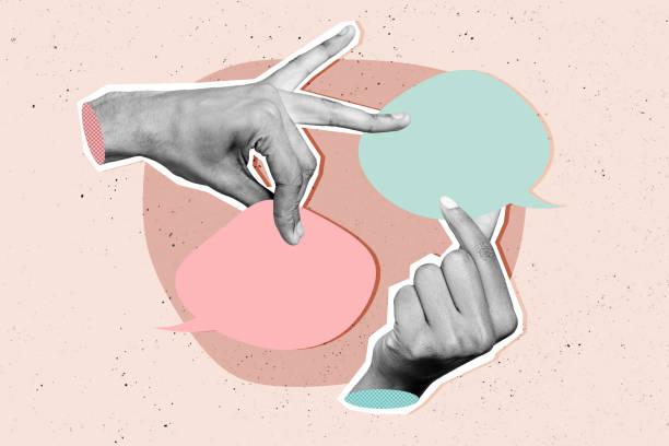 istock Composite photo collage of people hand hold text box bubble phrase communication audience speech talk isolated on painted background 2200119378