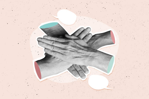 istock Composite photo collage of people hand unity together showing team work cooperation text box discussion tell isolated on painted background 2200119396