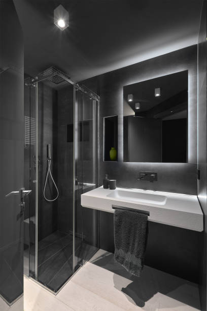 istock Interior of a modern total-black bathroo 2200119411