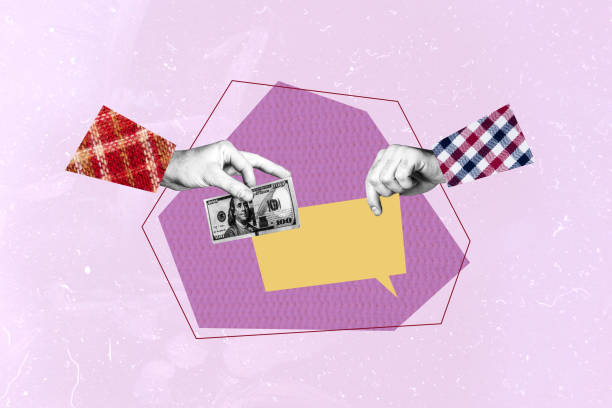 istock Composite sketch image trend collage of two friends talk conversation cloud text speech box hold in hand money banknote cash usd dollar 2200119556