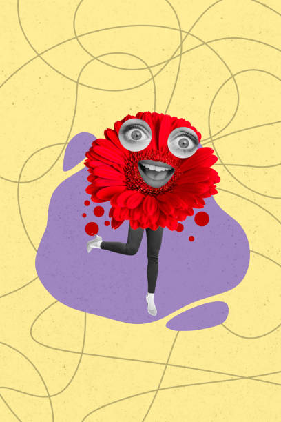 istock Sketch image composite trend artwork collage of huge gerbera red flower stand on legs bodyless faceless eye mouth piece look smile 2200120790