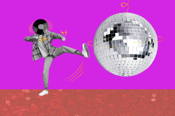 istock Composite trend artwork sketch image 3D photo collage of silhouette young handsome guy leg pull huge disco ball retro music play 2200120883