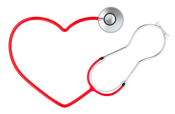 istock Red stethoscope with heart shape from cord of phonendoscope, 3D rendering 2200121124