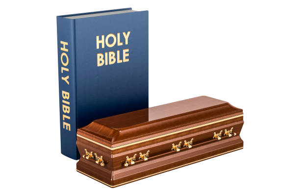 istock Funeral sermon, concept. Holy bible with casket, 3D rendering 2200121419
