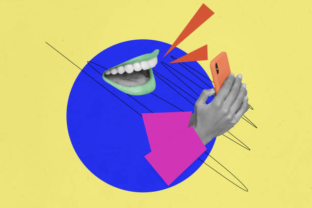 istock Creative template graphics collage image of funky mouth chatting instagram twitter telegram facebook isolated colorful background 2200121456