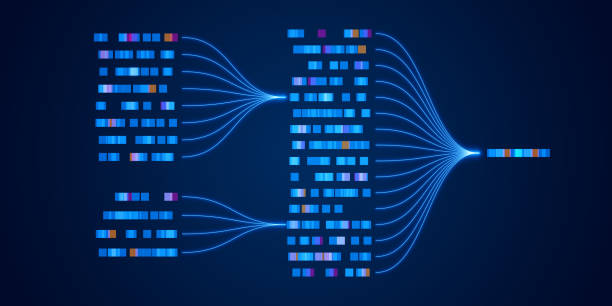 ilustraciones, imágenes clip art, dibujos animados e iconos de stock de concepto de datos e ia con flujo de big data, redes neuronales y aprendizaje automático. ilustración futurista de análisis, procesamiento de flujos y tecnología para proyectos de ciencia e inteligencia artificial. - aprendizaje profundo