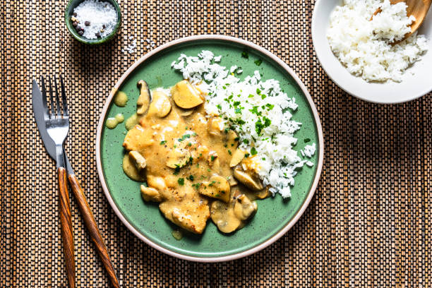 istock Mushroom schnitzel with rice on a plate 2200125001