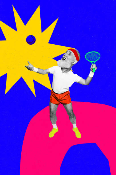 istock Vertical image collage retired funny caricature elder man tennis player hit ball racket joyful positive mood competition match 2200125313