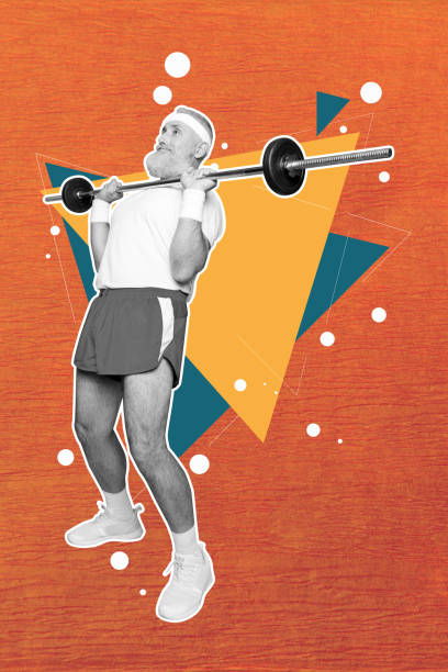 istock Vertical creative picture collage senior man grandfather lift dumbbell workout exercise healthcare body inspiration drawing background 2200125320