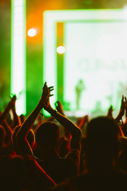 crowd of young people enjoying a music concert with colorful stage lights 